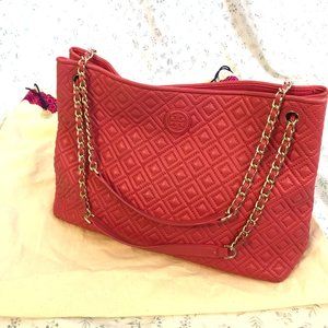 Tory Burch Marion Quilted Dark Peony Leather Tote
